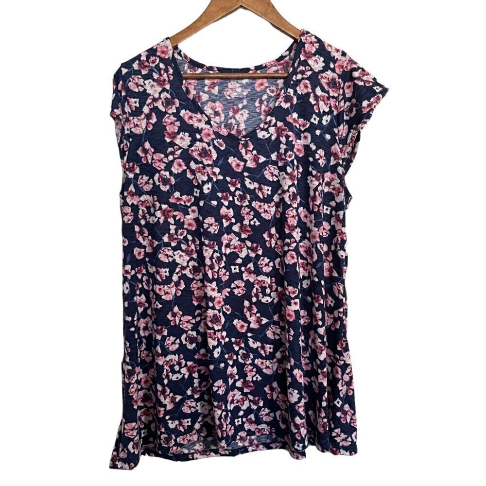 Lane Byrant Womens Blue Pink Floral Short Sleeve Scoop Neck T-Shirt Blouse 14/16